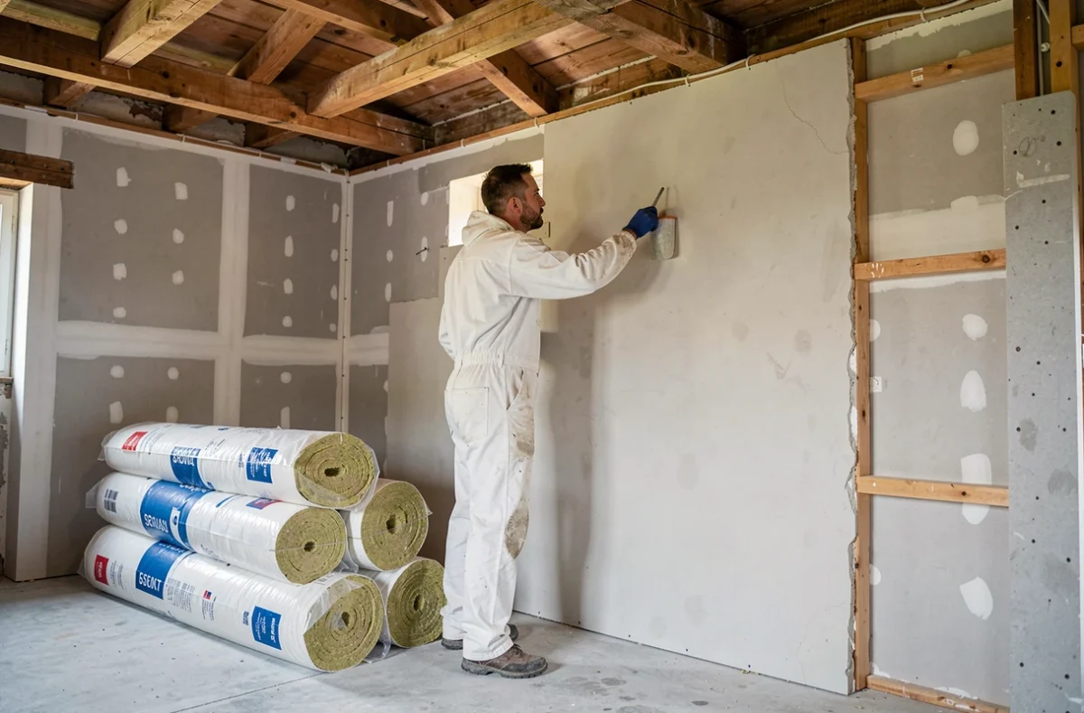 Artisan appliquant de l'enduit plâtre et posant de l'isolation intérieure dans une maison en rénovation à Vers-sous-Sellières pour AB Rénov