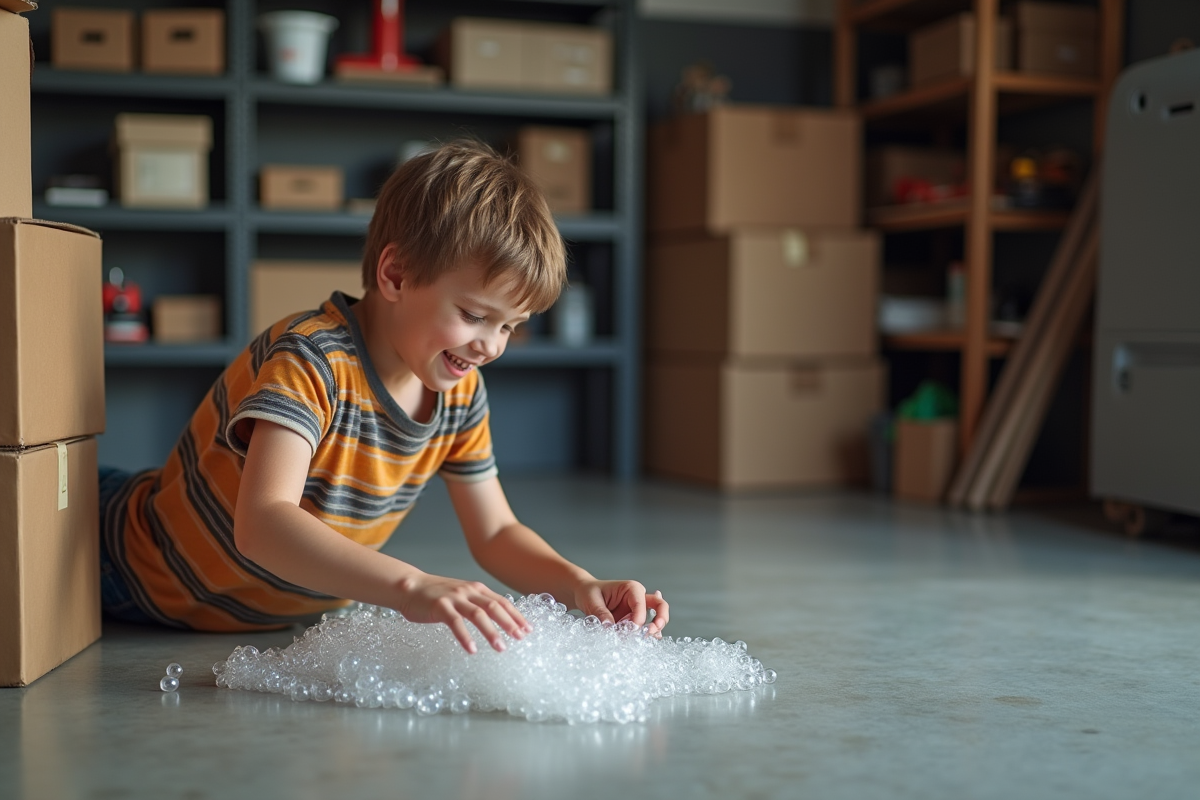 Adolescent faisant éclater des bulles de bulle wrap dans un garage