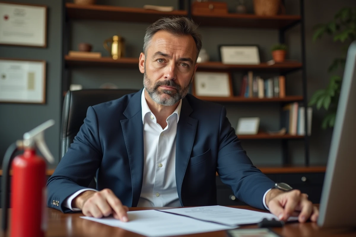 Agent d'assurance examinant des documents avec un extincteur rouge posé sur son bureau, conseils couverture incendie électrique