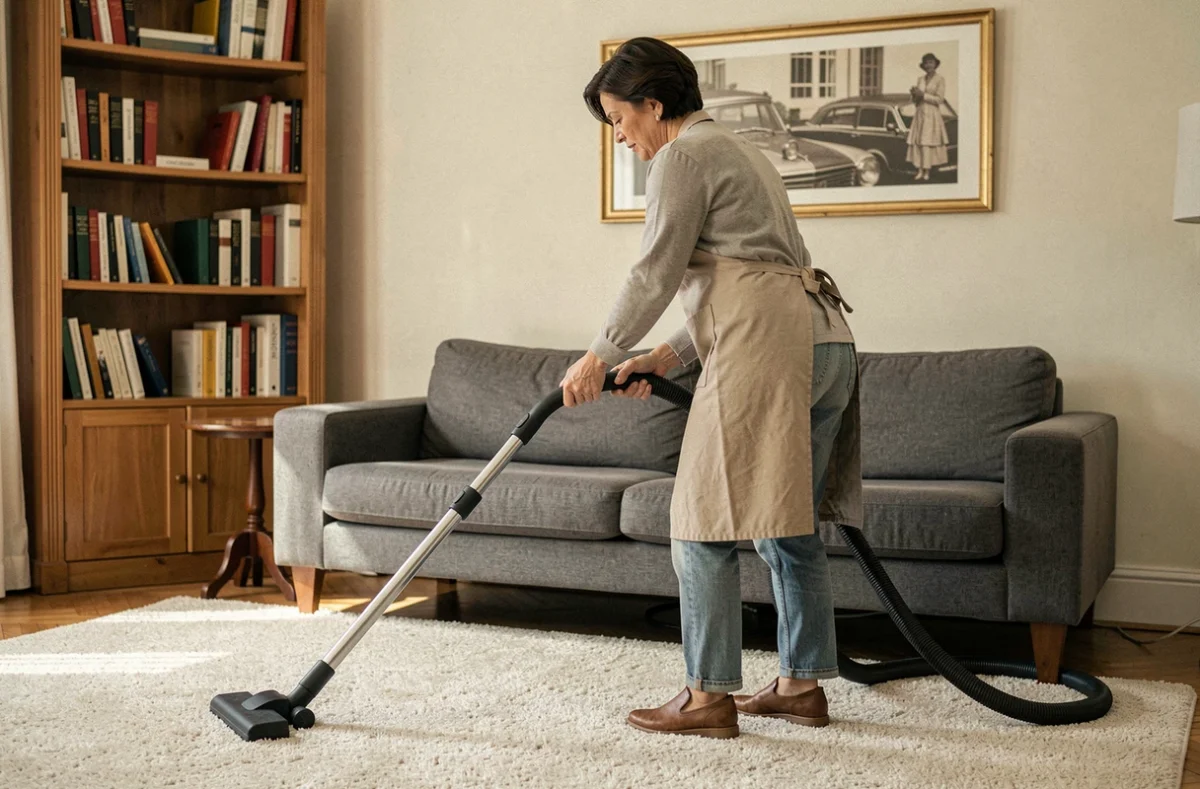 Aide ménagère passant l'aspirateur dans un salon parisien, prestation de ménage à domicile payée en chèque emploi service universel