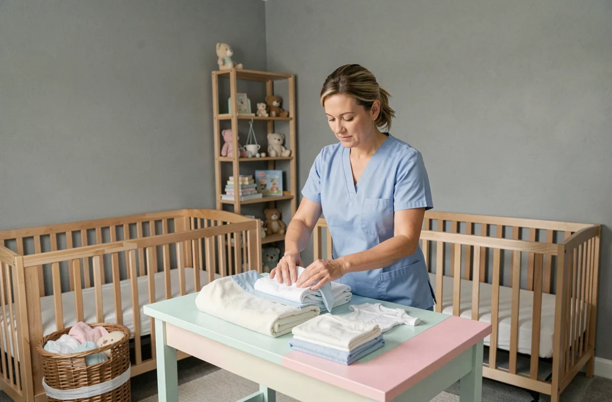 Aide ménagère professionnelle préparant la chambre de jumeaux avec deux berceaux et linge de bébé