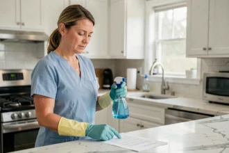 Aide ménagère en uniforme bleu lisant un document de préavis dans une cuisine moderne
