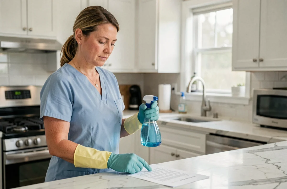 Aide ménagère en uniforme bleu lisant un document de préavis dans une cuisine moderne
