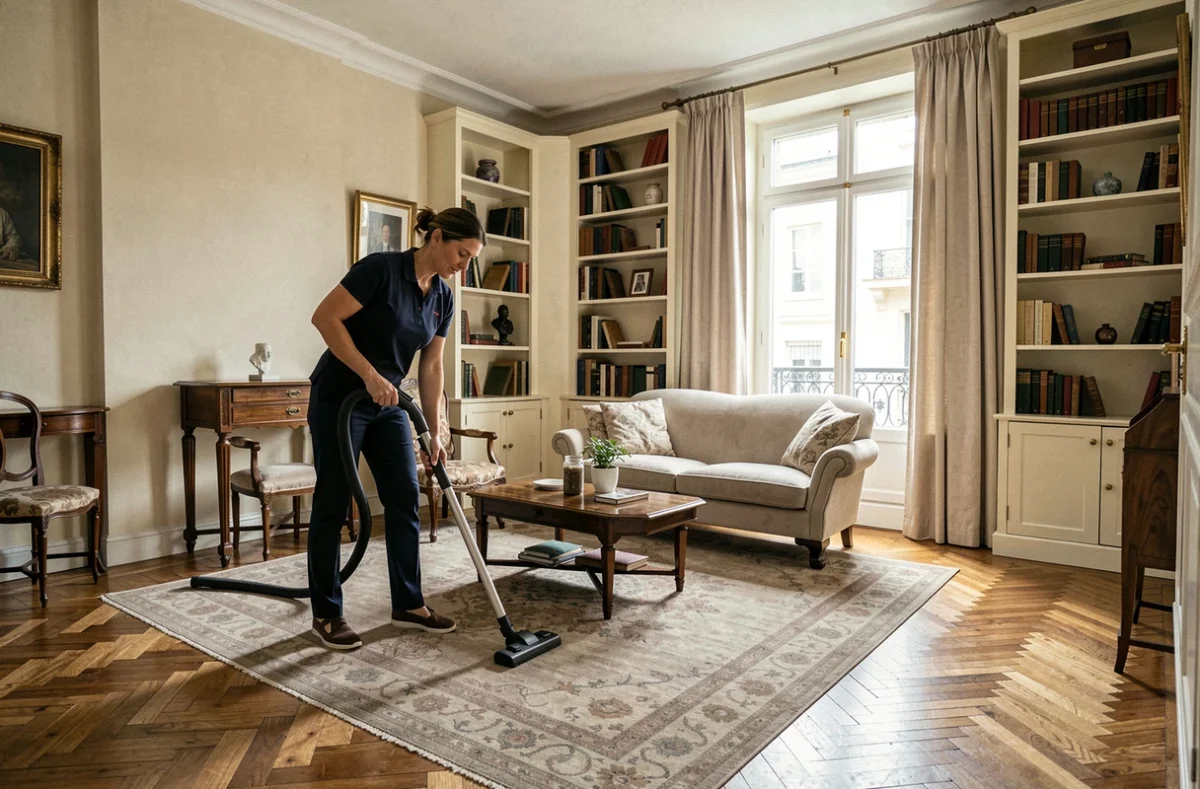 Aide ménagère passant l'aspirateur dans un salon d'un appartement à Besançon