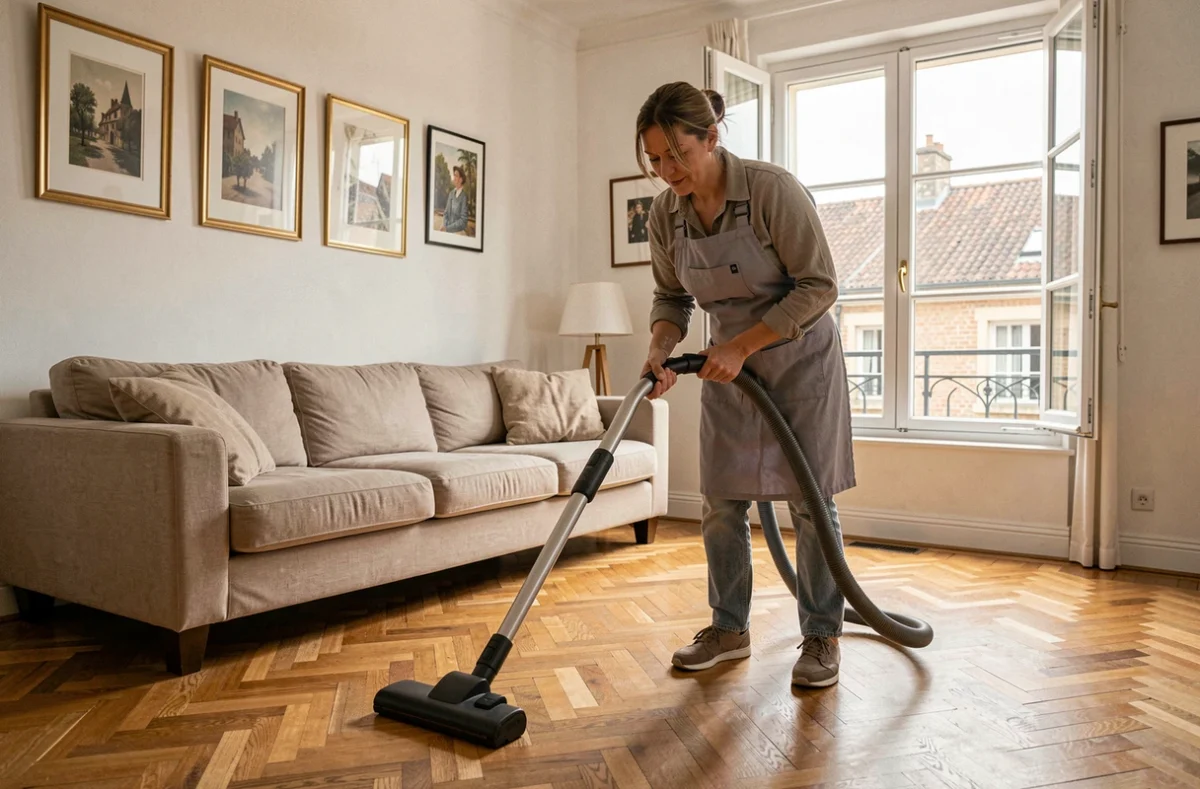 Aide ménagère passant l'aspirateur dans un salon avec parquet à Poitiers