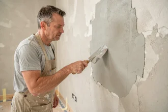 Artisan appliquant un enduit de lissage map sur un mur intérieur avant peinture