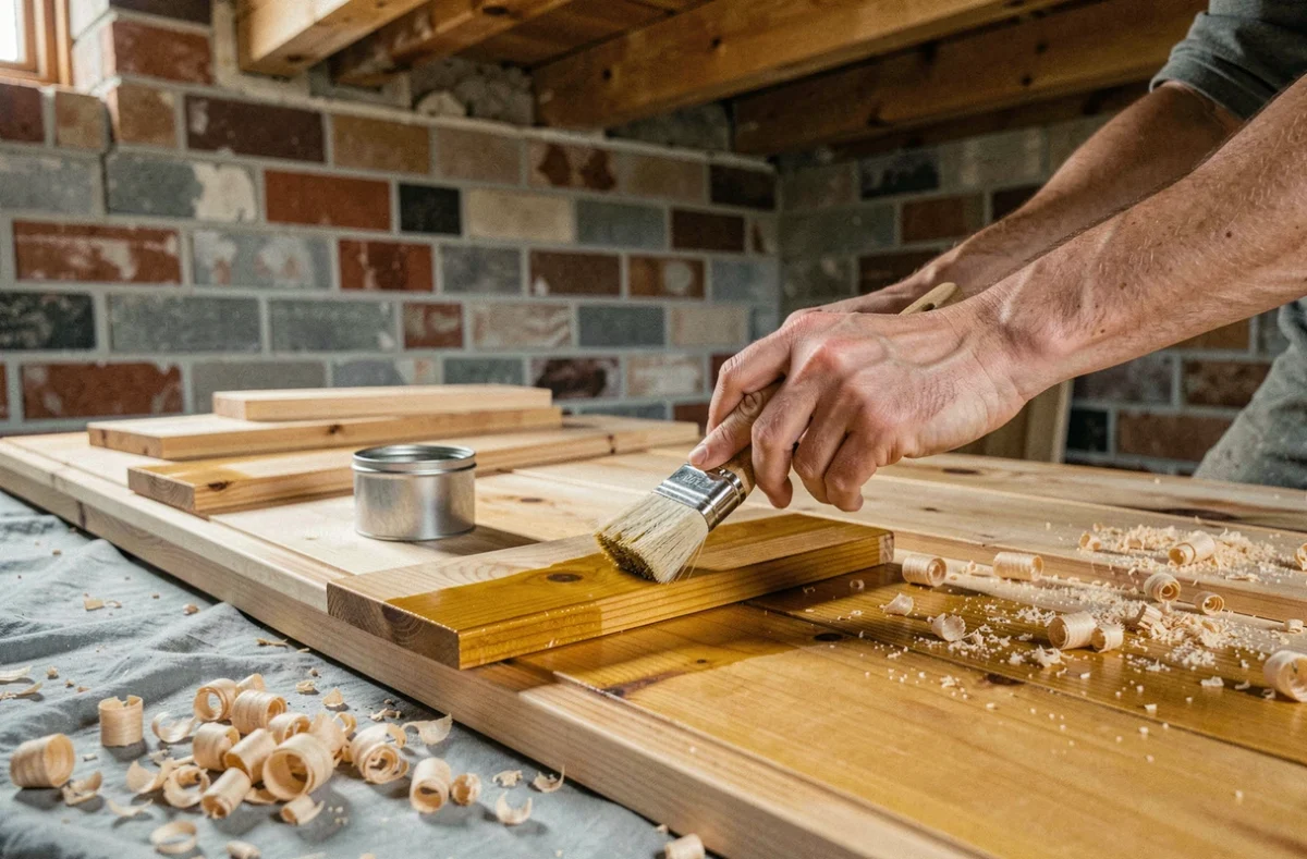 Artisan appliquant une huile cire dure sur un parquet en pin brut lors d'une rénovation