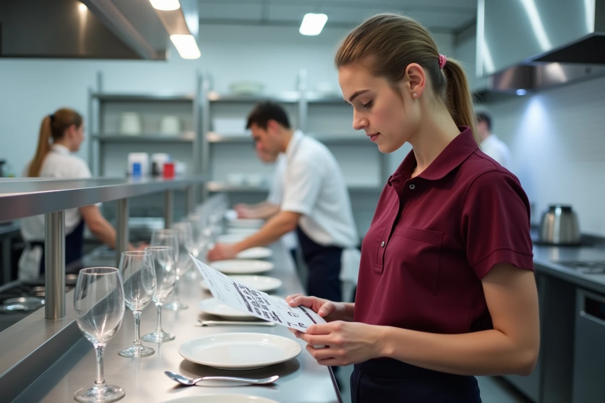 Apprentie en hôtellerie consultant un guide de placement des verres lors d'une formation en école de service