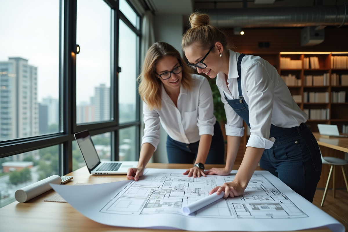 Architecte discutant plans avec un client dans un bureau moderne