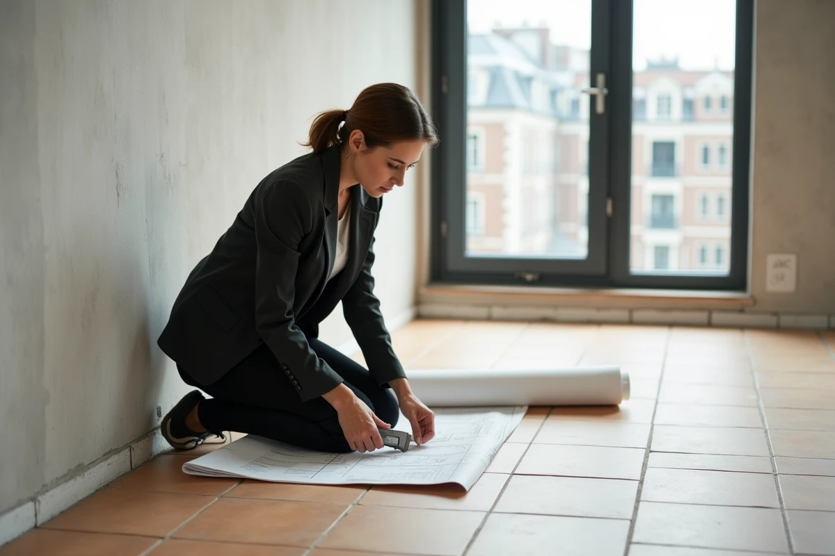 Architecte mesurant l'épaisseur de la chape d'un plancher chauffant dans un appartement en finition