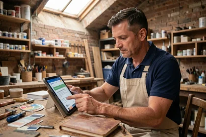 Artisan de Montpellier consultant le site artisan-en-1-clic.fr sur une tablette dans son atelier