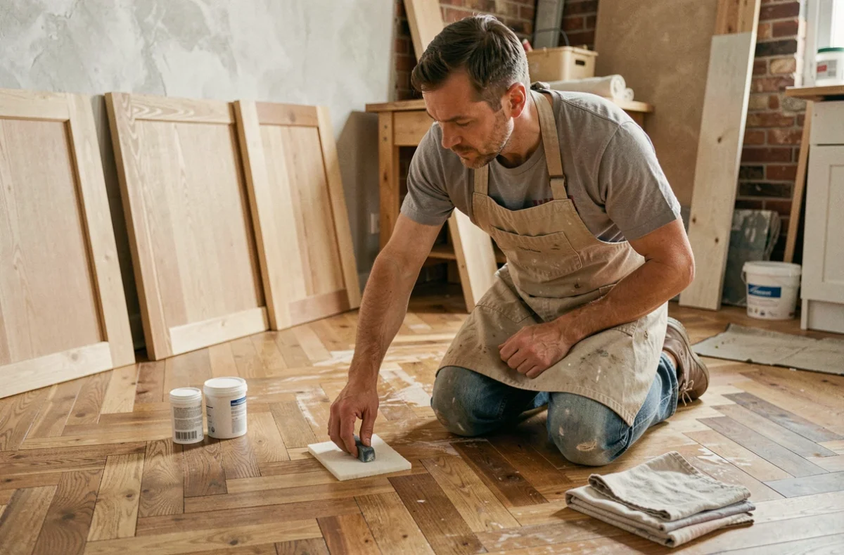 Artisan appliquant un traitement huile dure cire sur un parquet en point de Hongrie dans une cuisine en rénovation