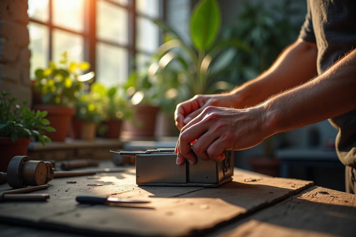 Mains d’un artisan façonnant un objet métallique dans un atelier lumineux