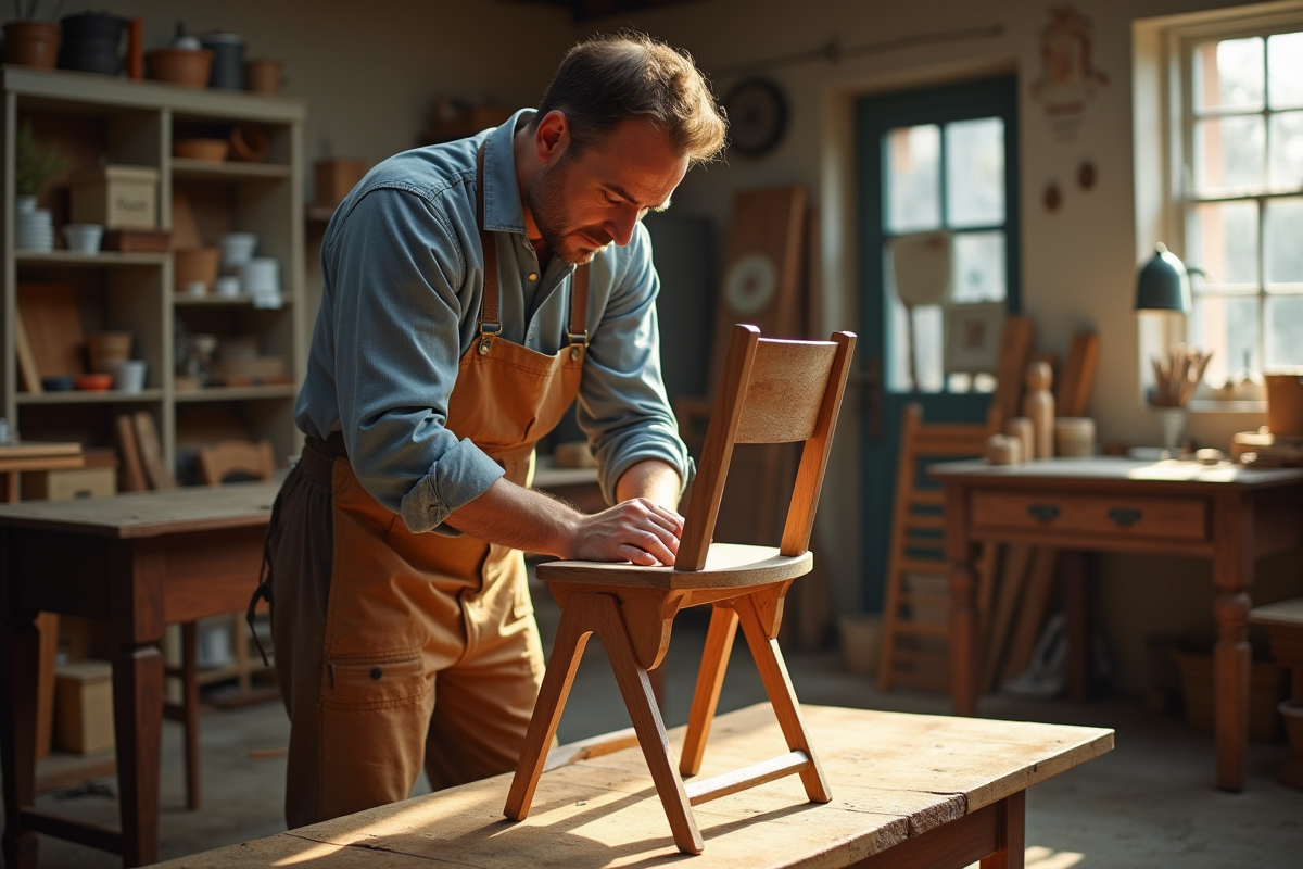 Atelier lumineux avec artisan ponçant une chaise en bois
