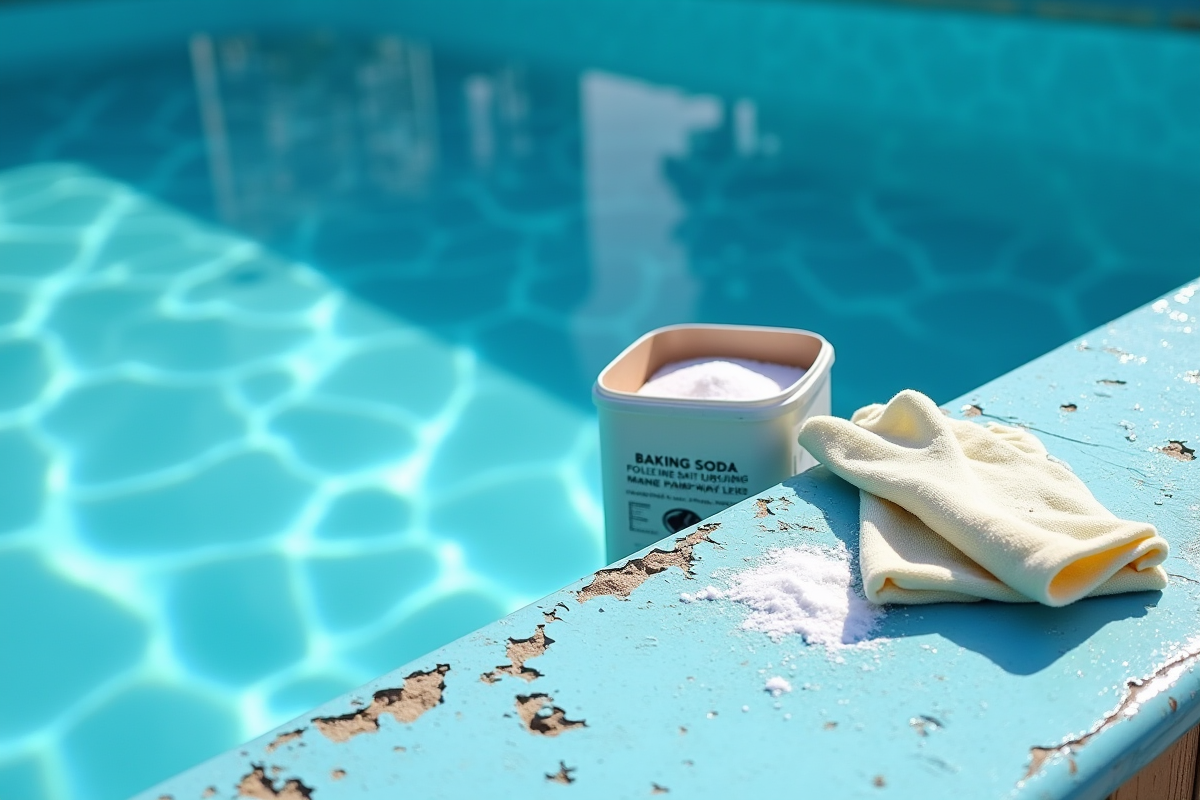 Bord de piscine abime avec bicarbonate et gants protecteurs