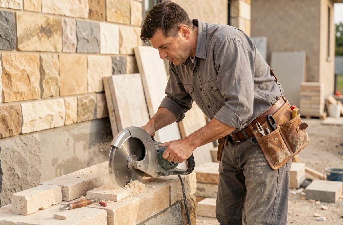 Artisan maçon Bati'Marchal découpant un bloc de pierre sur un chantier de construction et rénovation
