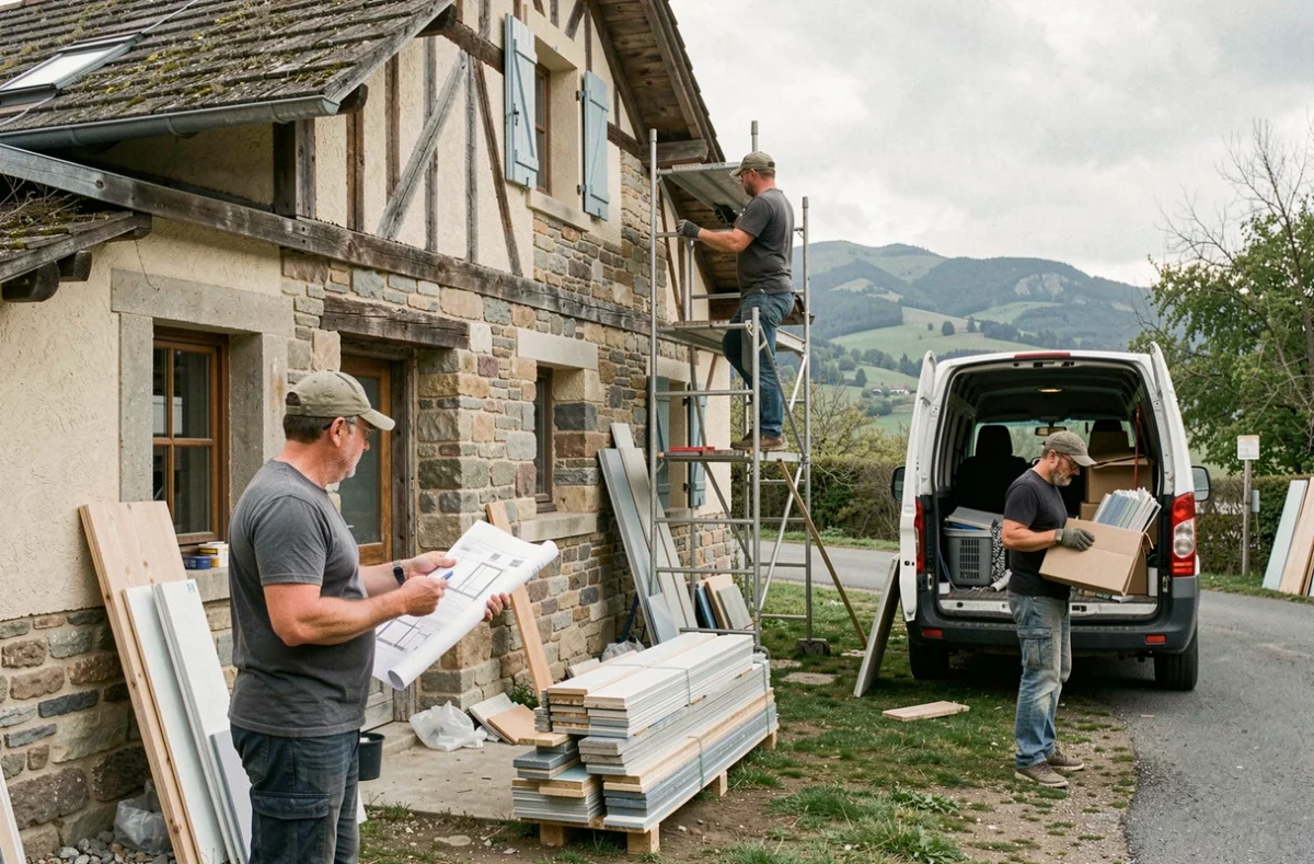 Équipe de rénovation globale travaillant sur une maison jurassienne près de Lons-le-Saunier pour Besson Bâtiment
