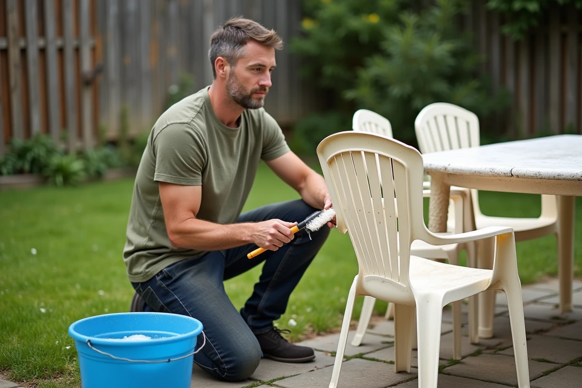 Homme récurant des chaises de jardin en plastique jauni avec du bicarbonate de soude à l'extérieur