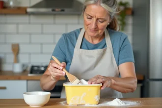 Femme appliquant une pâte de bicarbonate de soude sur un contenant en plastique jauni dans une cuisine domestique