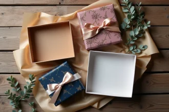 Boîtes à cadeau vides imprimées et unies disposées en flat lay sur une table en bois rustique avec rubans et eucalyptus