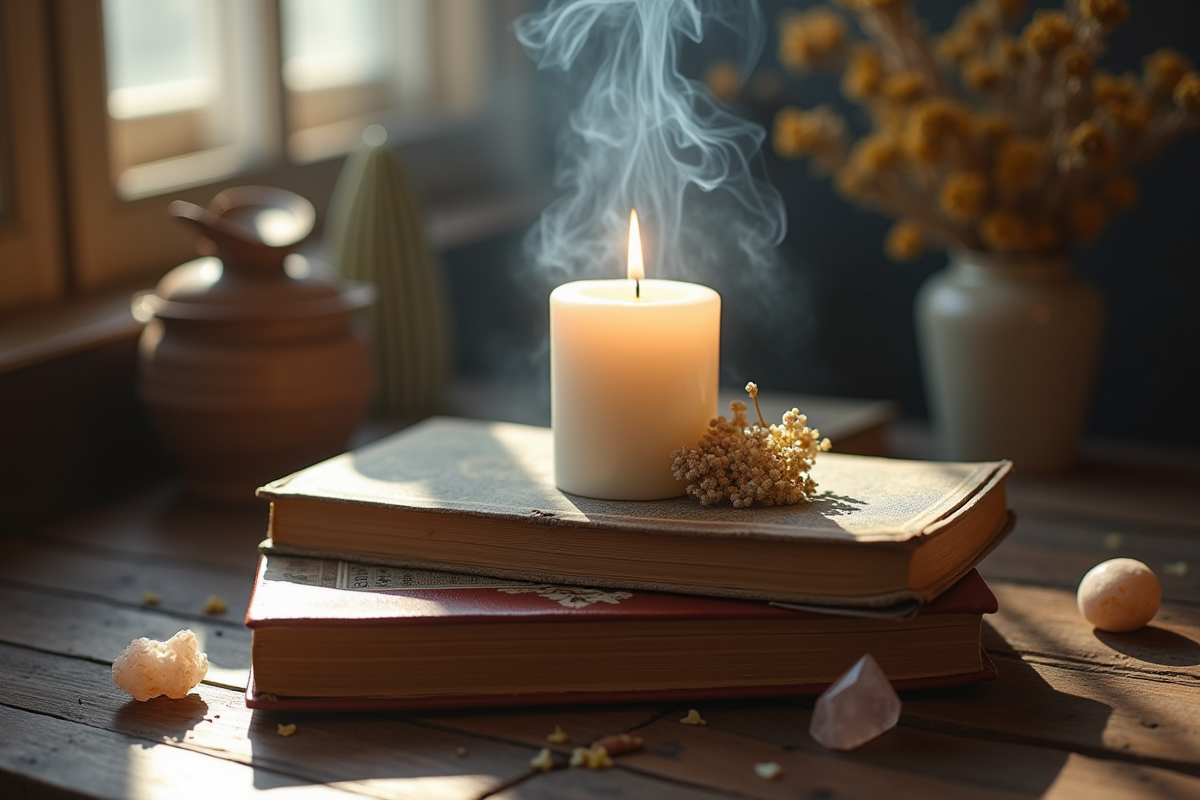 Bougie blanche allumée sur des livres spirituels avec cristaux et fleurs