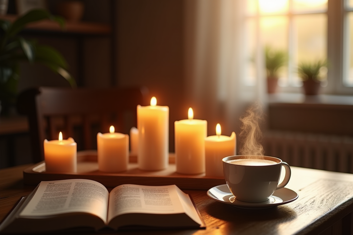 Bougies élégantes allumées sur une table en bois avec livre et tasse