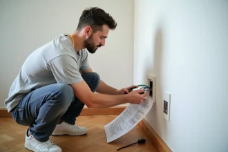 Homme adulte branchant une prise électrique 3 fils dans une pièce rénovée, tenant des fils colorés avec une fiche de consignes posée au sol