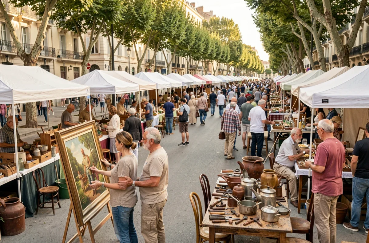 Vue large d'une brocante animée sur un boulevard du 13e arrondissement de Marseille, avec des stands de brocanteurs et des visiteurs parcourant les allées le week-end