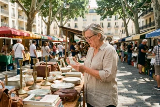 Femme parcourant les étals d'une brocante en plein air dans le 13e arrondissement de Marseille, avec des objets vintage et des antiquités sur des tables en bois