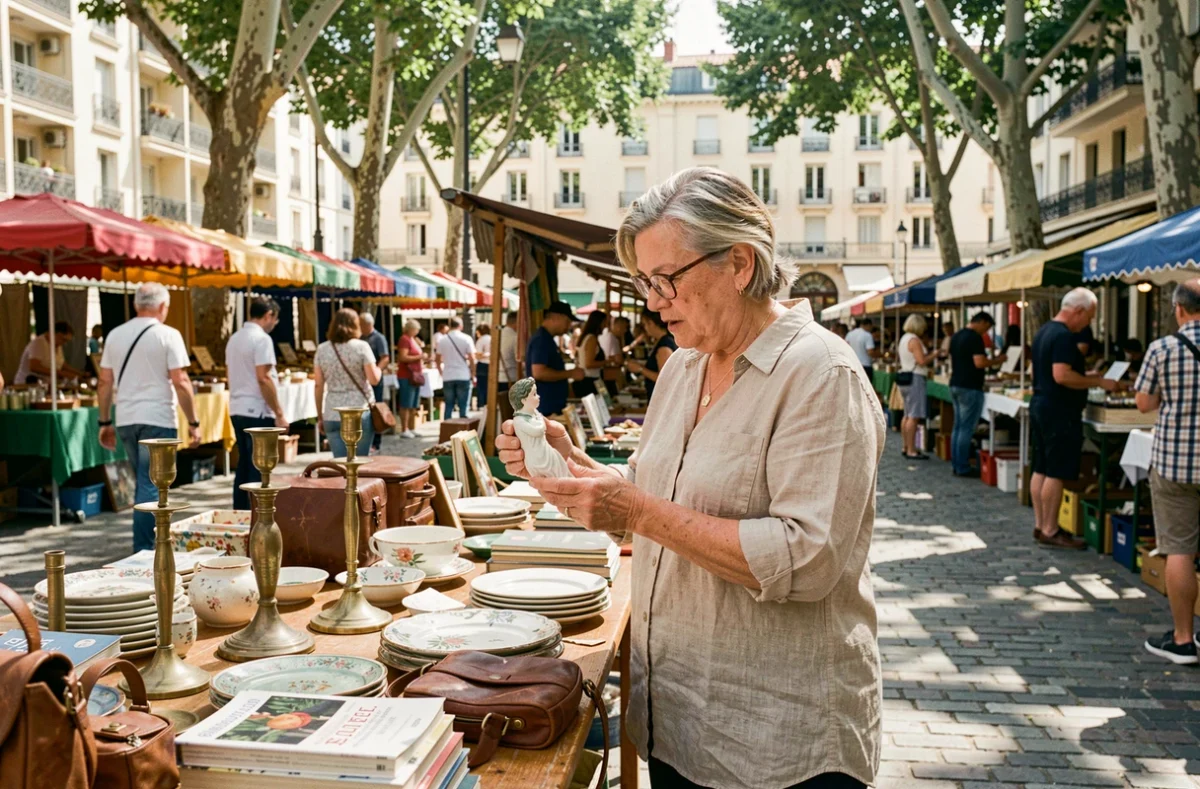 Femme parcourant les étals d'une brocante en plein air dans le 13e arrondissement de Marseille, avec des objets vintage et des antiquités sur des tables en bois