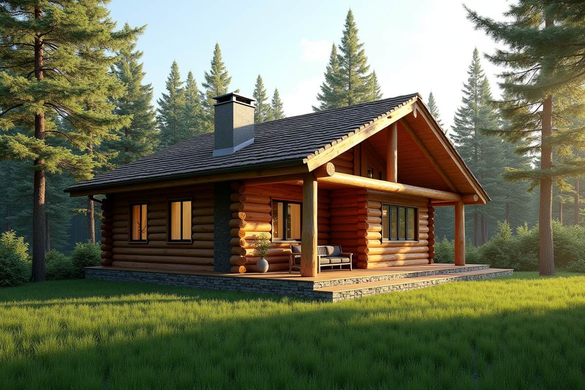 Cabane en rondins canadienne entourée de pins ensoleilles