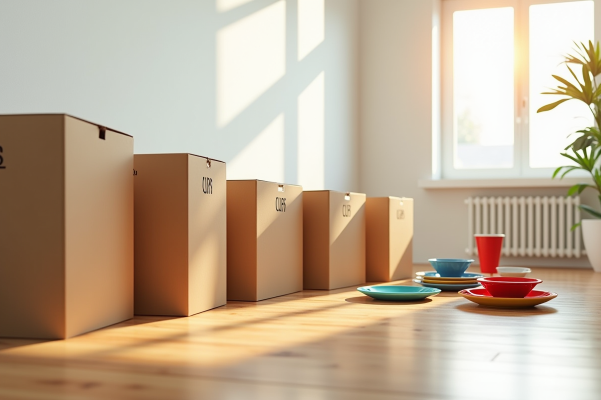 Caisses en carton empilees avec vaisselle et tasses colorées au sol