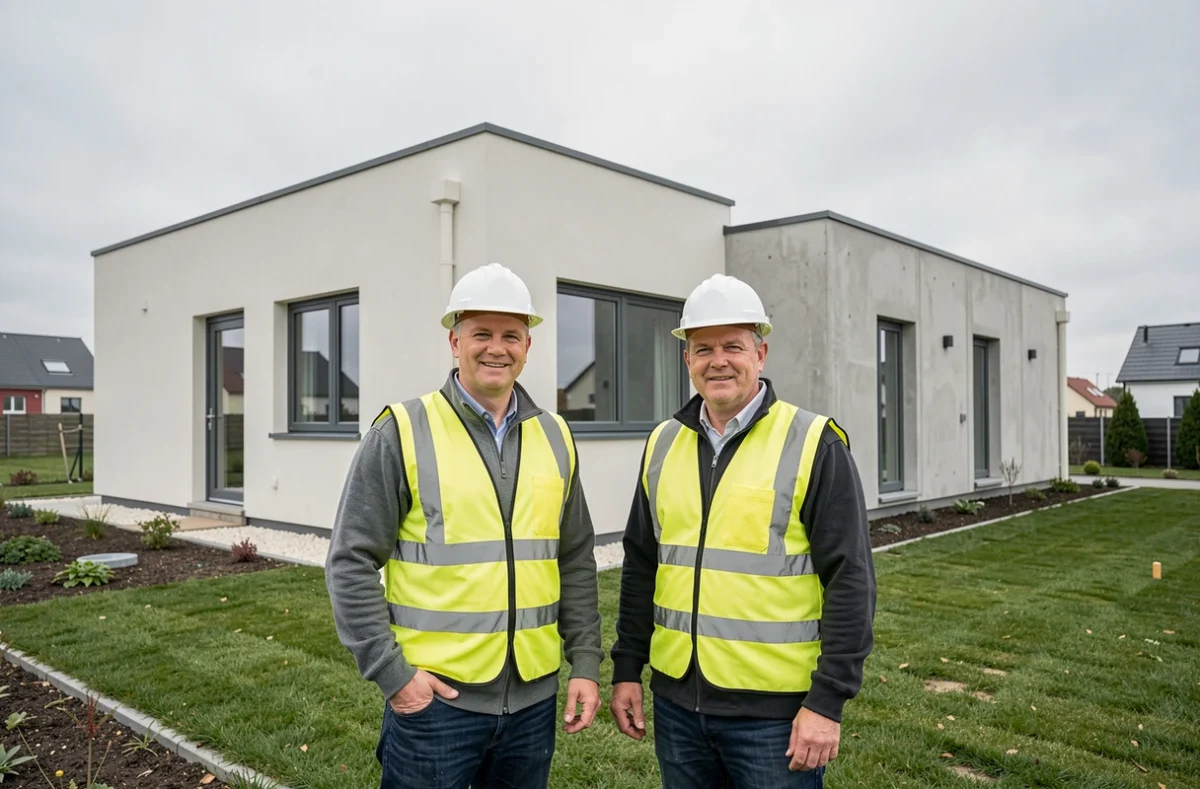Deux professionnels de CAN Construction Lorraine devant une maison neuve construite en Lorraine