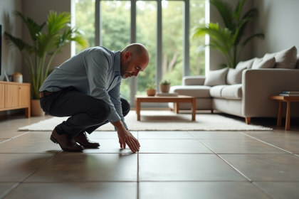 Homme examine la jointure de carrelage dans un salon moderne