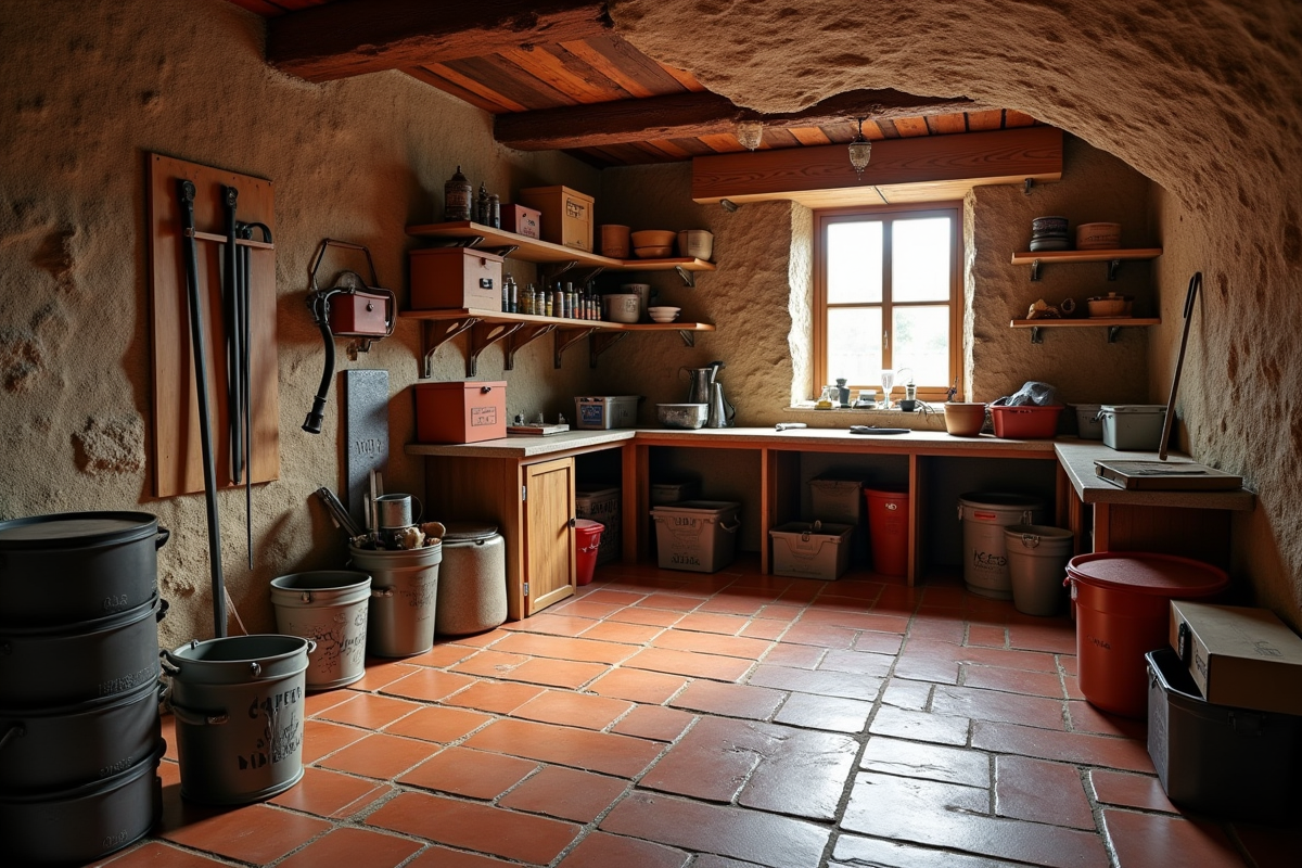 Cave à vin rustique avec carrelage en terre cuite et murs en pierre