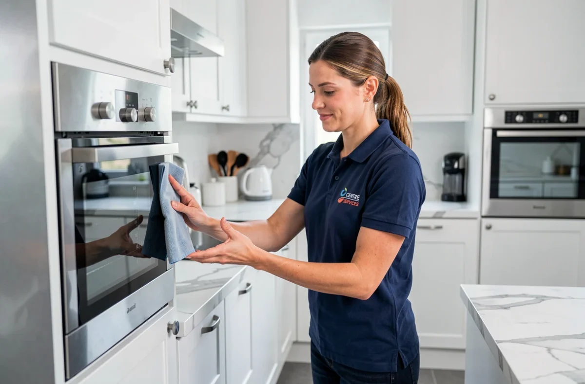 Professionnelle de Centre Services Saint-Étienne entretenant les appareils électroménagers d'une cuisine