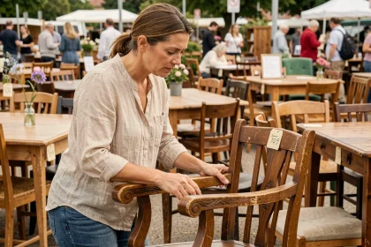 Femme inspectant une chaise en bois ancienne dans un marché aux puces pour meubler à moindre coût