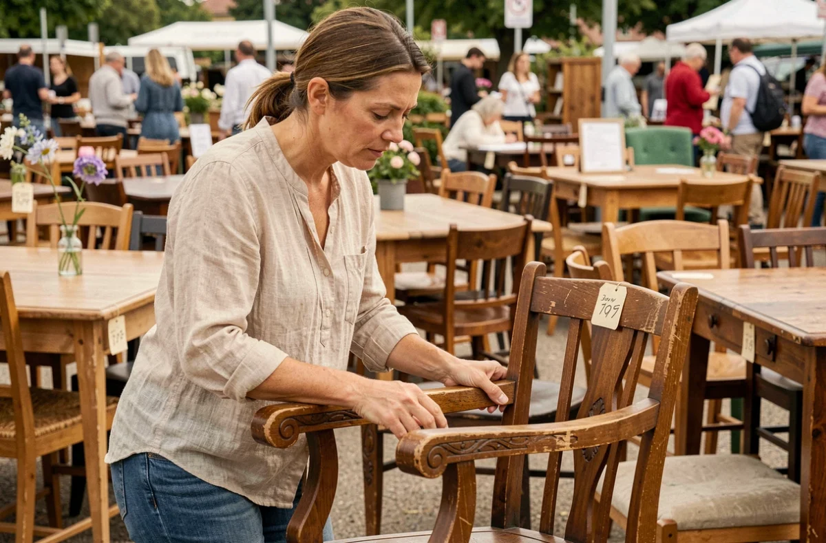 Femme inspectant une chaise en bois ancienne dans un marché aux puces pour meubler à moindre coût