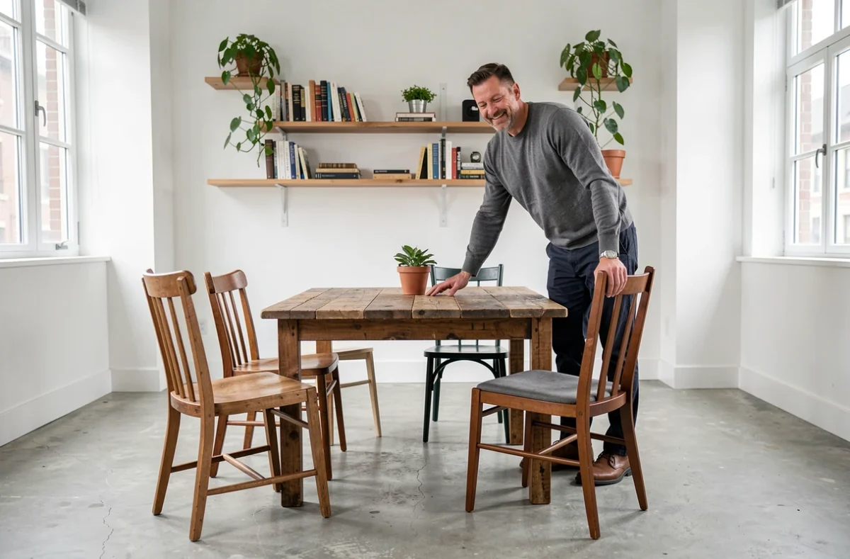 Homme arrangeant des chaises dépareillées d'occasion autour d'une table en appartement moderne
