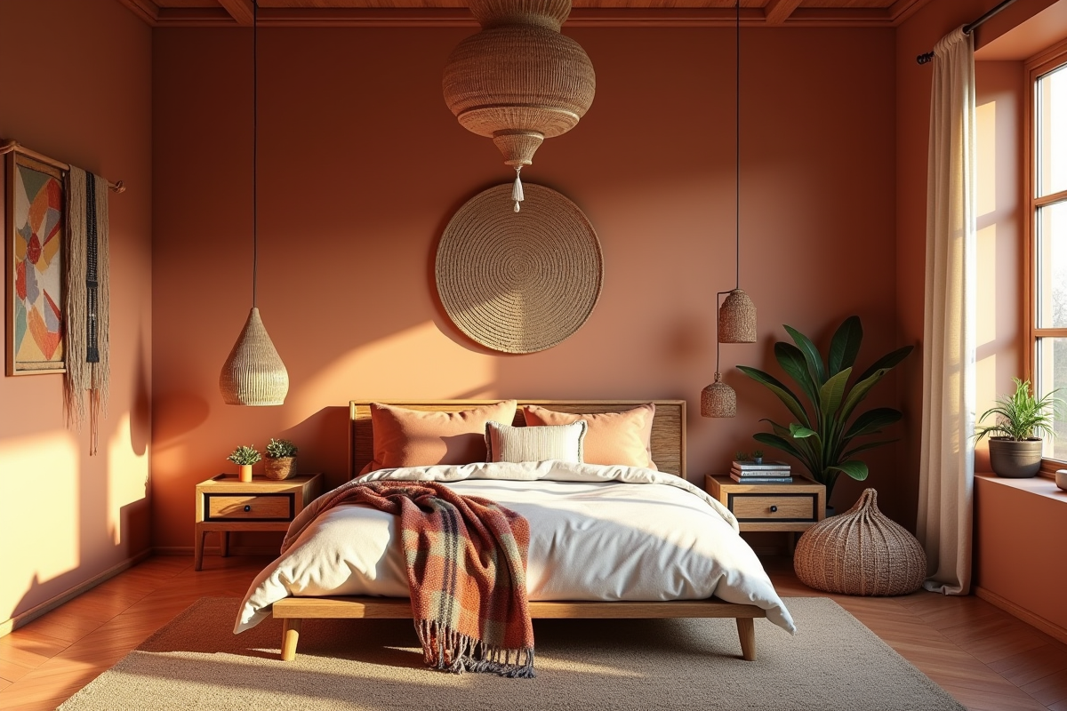 Chambre bohème avec tons terre et décoration en rotin