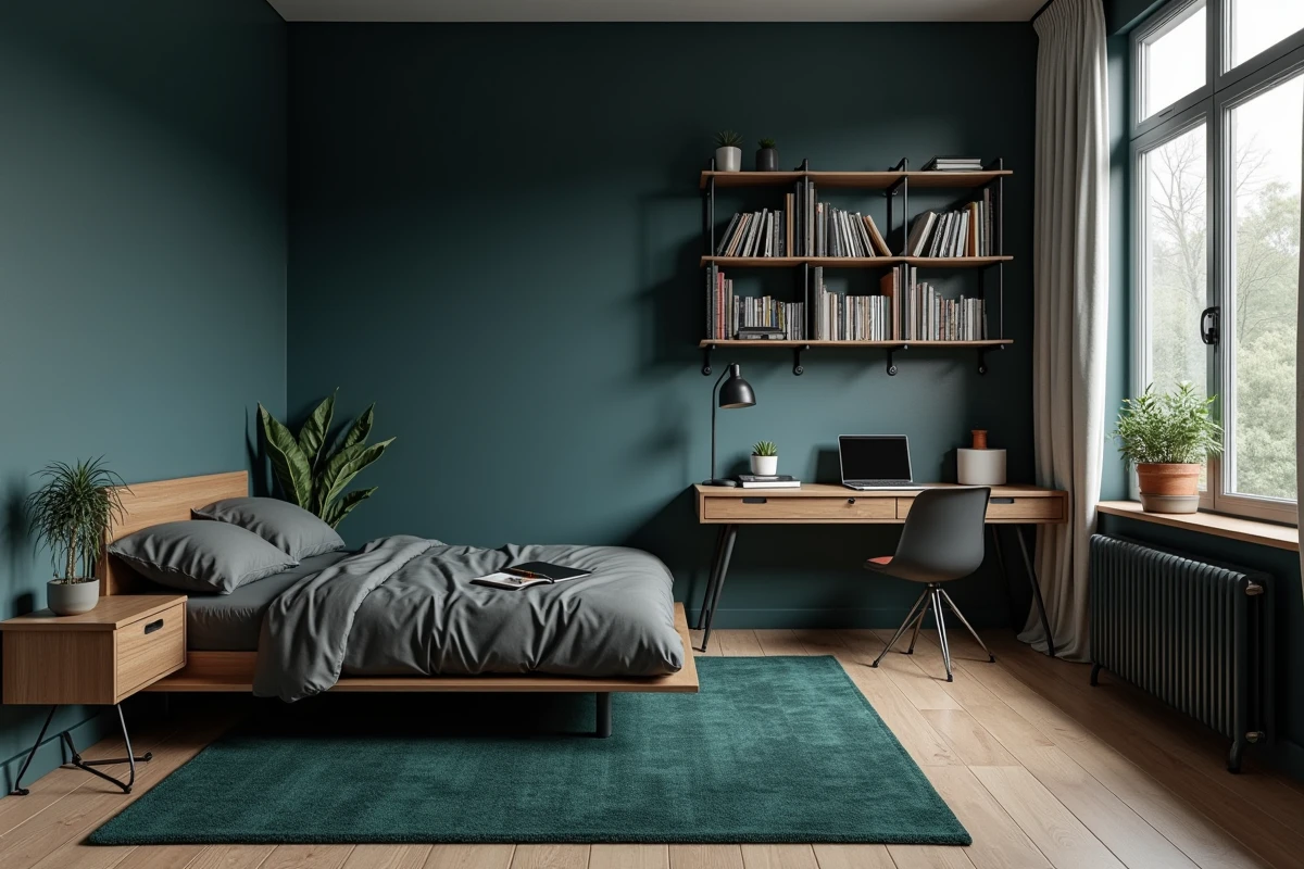 Chambre de garçon adolescent avec murs bleu marine foncé, lit plateforme en bois et bureau flottant, ambiance moderne et masculine