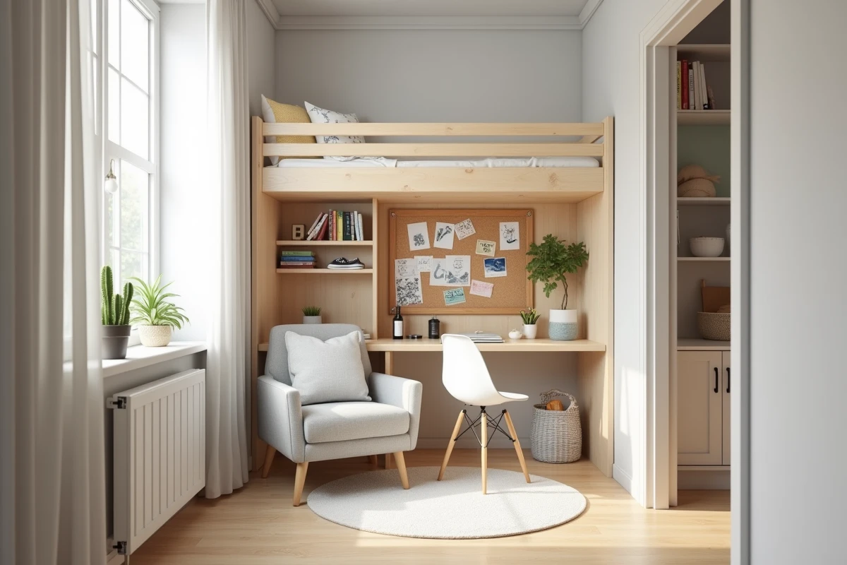 Chambre de garçon adolescent aux murs clairs blanc chaud avec lit mezzanine en chêne naturel et coin bureau intégré, style scandinave lumineux
