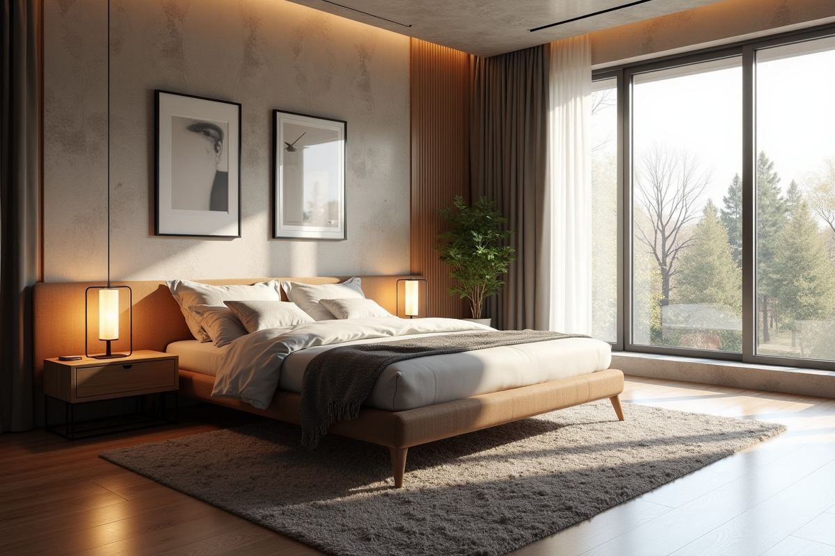 Chambre spacieuse avec lit moderne et décoration artistique