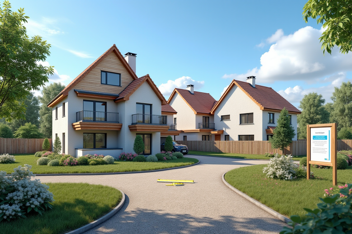 Chantier de maisons en construction avec panneau d