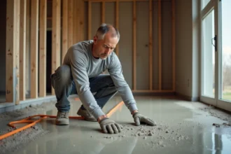 Ouvrier lissant une chape liquide sur un plancher chauffant avec tubes PEX apparents avant la prise en masse