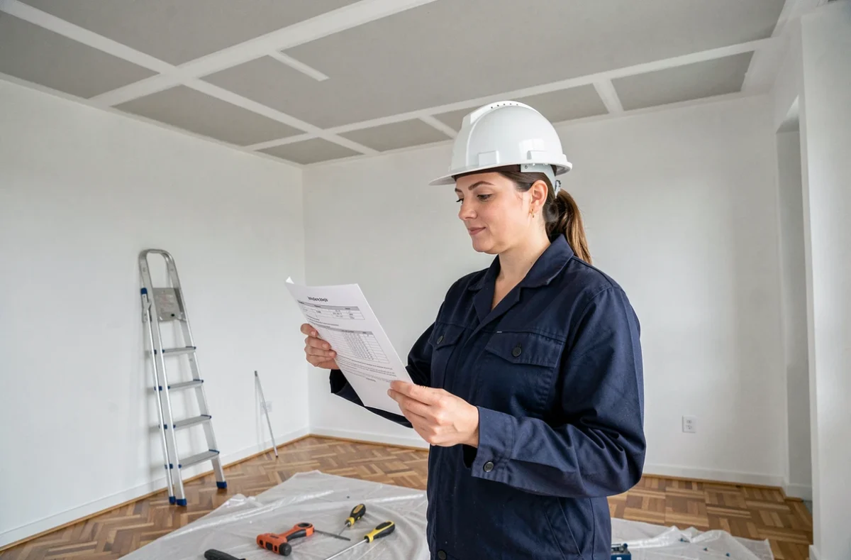 Chef de chantier féminine contrôlant un devis de pose faux plafond dans un appartement rénové