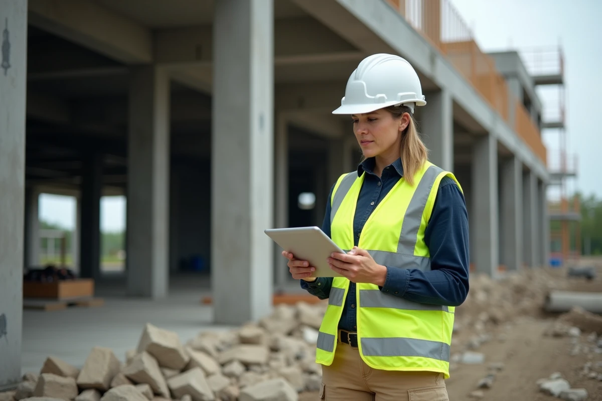 Cheffe de chantier consultant un catalogue de mat&eacute;riel professionnel sur tablette devant un b&acirc;timent en construction