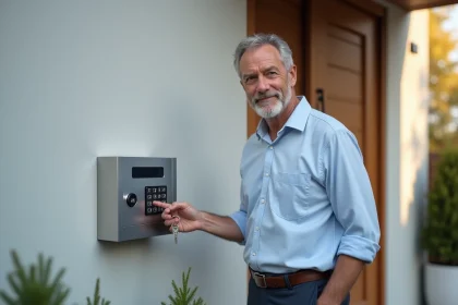 Coffre clé design en acier inoxydable installé sur façade moderne, homme appuyant sur le clavier numérique sécurisé