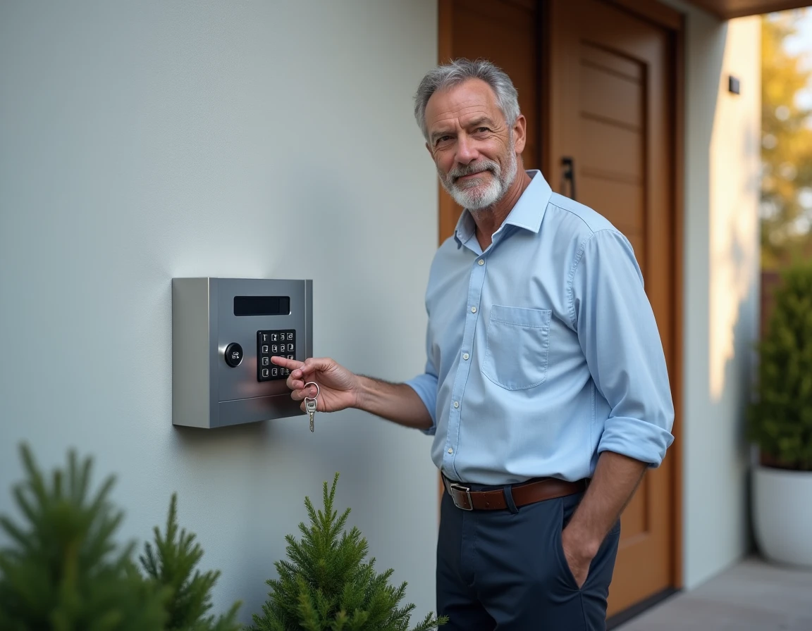 Coffre clé design en acier inoxydable installé sur façade moderne, homme appuyant sur le clavier numérique sécurisé