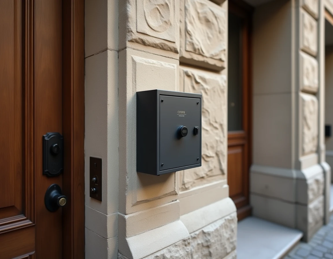 Coffre clé discret anthracite fixé sur mur en pierre calcaire d'immeuble haussmannien parisien